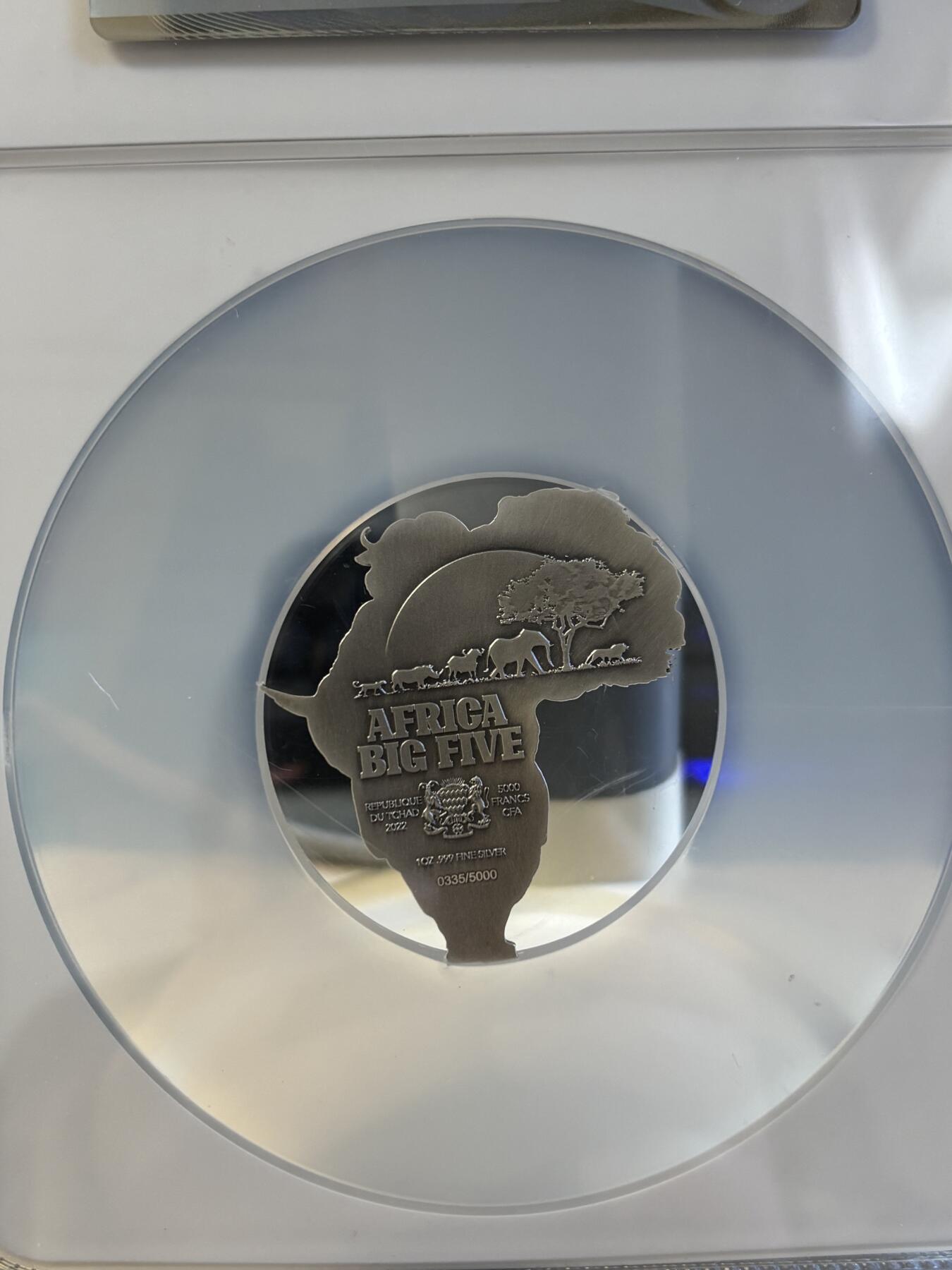 第195期拍卖 乍得2022年非洲五霸1盎司异形仿古纪念银币NGC-MS70，999银，发行5000枚