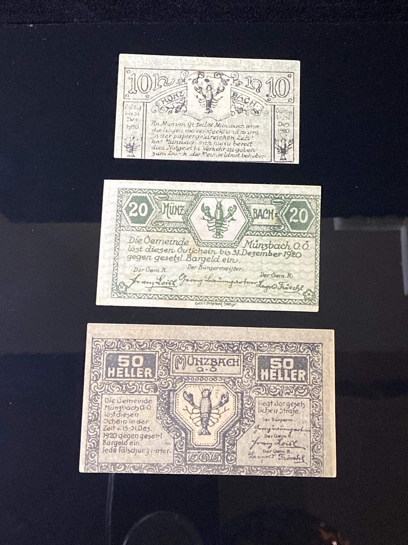 2026年第三十七场(总第二百零六场）德紧纸币特拍场(佣金3%，最低1元) 奥紧纸币–奥地利上奥地利州明茨巴赫乡（Gemeinde Münzbach, O.Ö.，O.Ö.为Oberösterreich缩写）10、20、50赫勒三枚套票