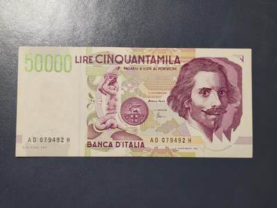 3月21号晚上8点 外国纸币自动截拍第42场 - 意大利1992年50000里拉5万纸币 近新极美品