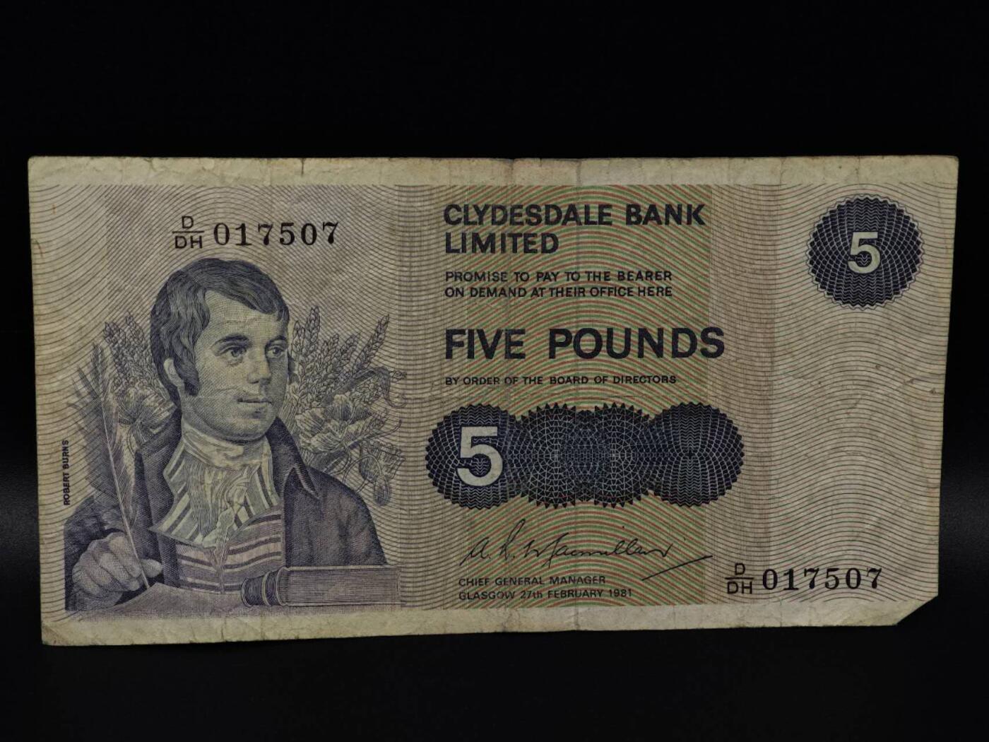  【淘币小摊】限时拍第八百八十二拍   纸币场    每周一统一发货 克莱斯戴尔银行1981年5镑纸币【有折】