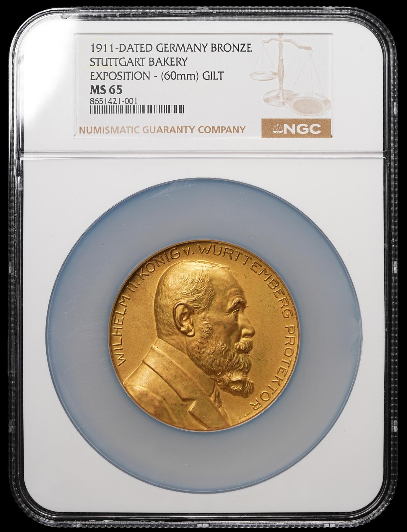 修遠堂世界钱币第108期 NGC MS65 1911年德国斯图加特烘焙博览会镀金大铜章