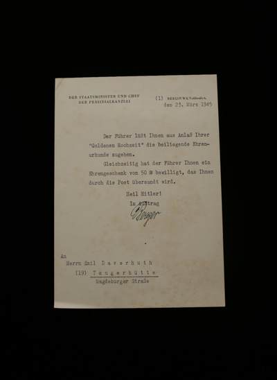 戎马世界章牌大赏第112期 德专场 - 来自总统府的 金婚纪念证书  庆祝 Daverhuth 夫妻金婚纪念日的证书的附函