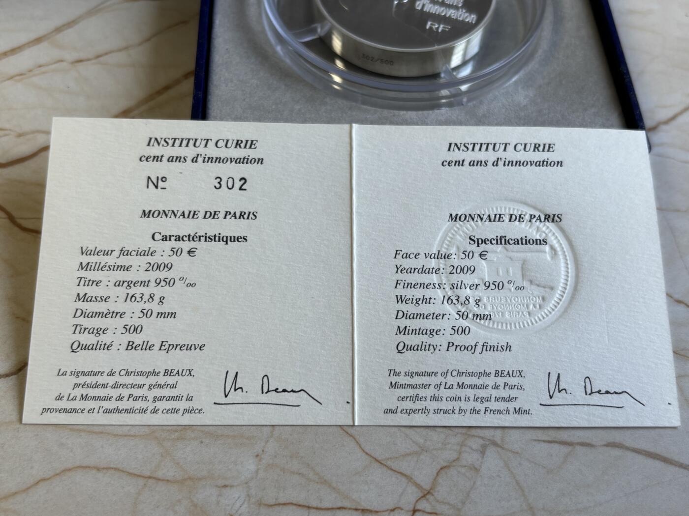 第195期拍卖 法国2009年居里夫人研究所100周年5盎司加厚银币，950银，163.8克，发行500枚