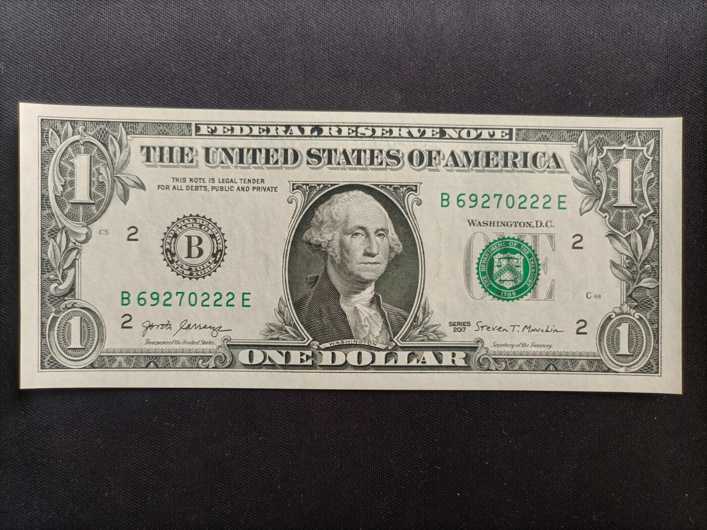 【游宝包邮场】马年第17期 精品单钞场 周日截拍 美国-1美元【SERIES-2017 B-纽约 豹子号222 全新UNC】