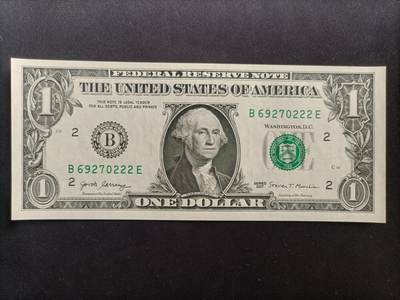 【游宝包邮场】马年第17期 精品单钞场 周日截拍 - 美国-1美元【SERIES-2017 B-纽约 豹子号222 全新UNC】