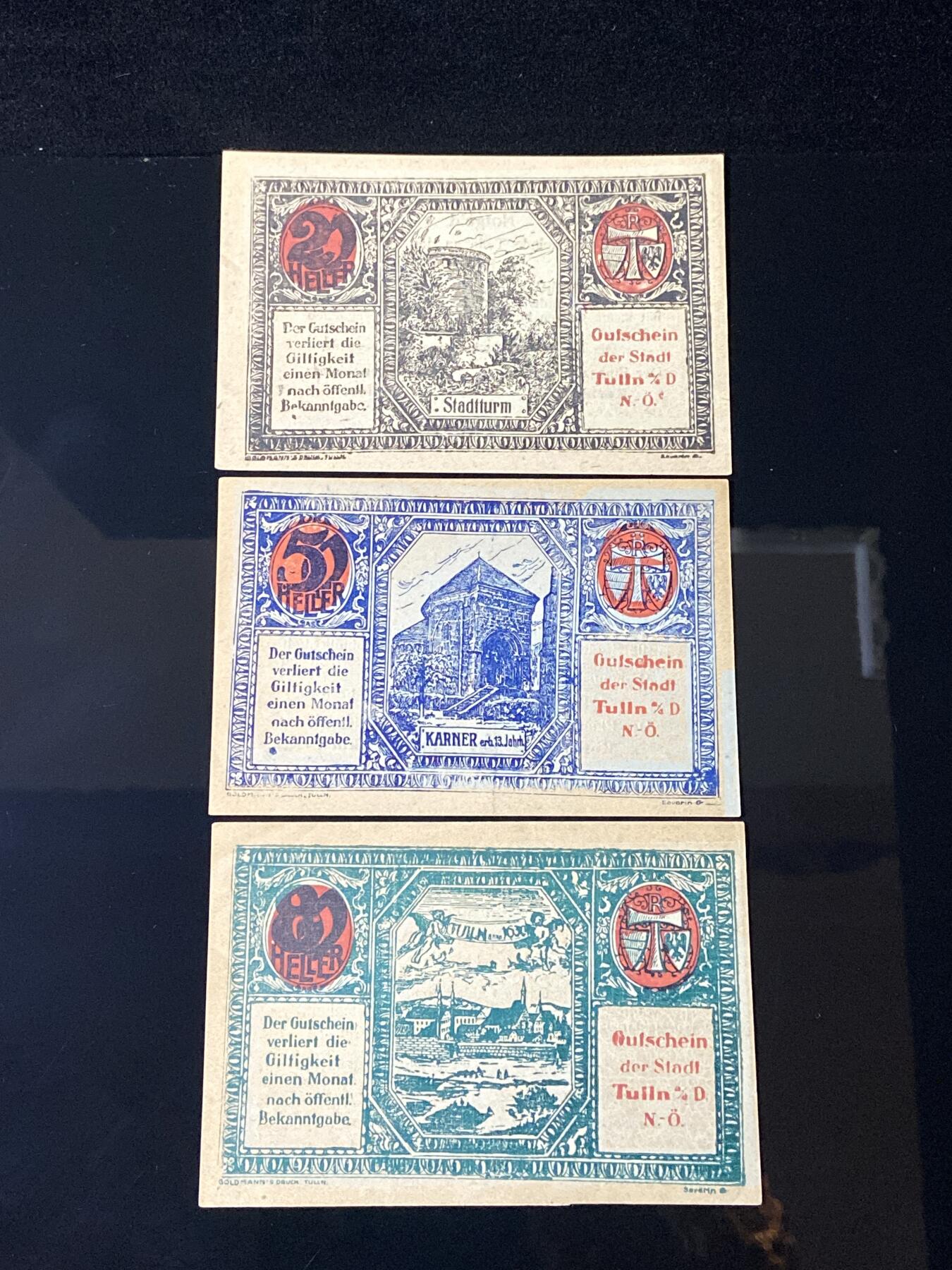 2026年第三十七场(总第二百零六场）德紧纸币特拍场(佣金3%，最低1元) 奥紧纸币–奥地利下奥地利州图尔恩市（Stadt Tulln a.d. Donau，缩写  Tulln * D N.-Ö. ，即多瑙河畔图尔恩）20、50、80赫勒三枚套票