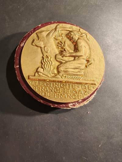 老王徽章第188期 - 法国电力公司镀金大铜章    43年服务   原盒有损    直径68mm   大尺寸!    重量134.6g 