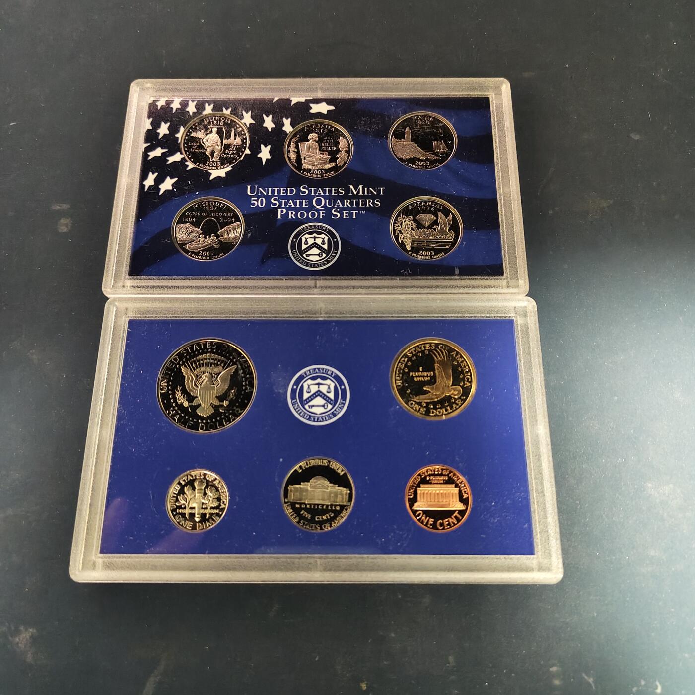 【全场包邮】纯粹捡漏拍515场 美国2003年官方封装精制套币（流通币一盒+州币一盒）-盒证全