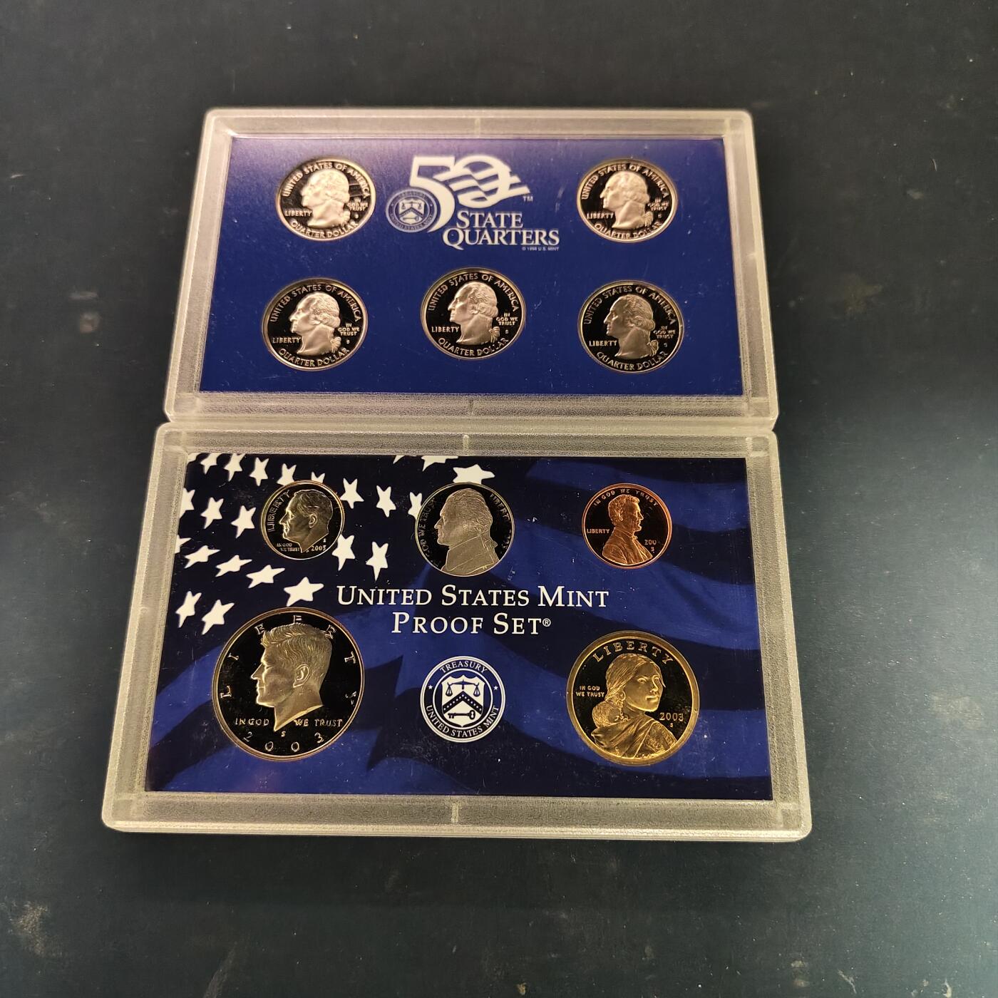 【全场包邮】纯粹捡漏拍515场 美国2003年官方封装精制套币（流通币一盒+州币一盒）-盒证全