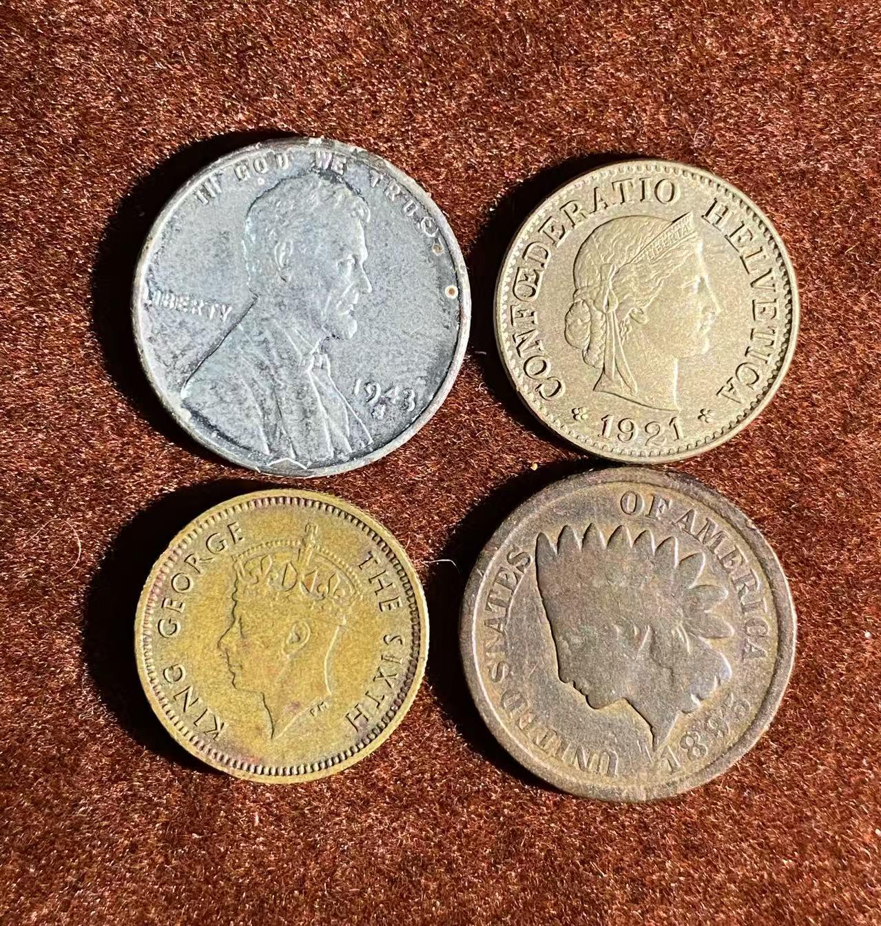 日日生财—方圆世界（全场包邮） ‌1943年美国林肯1美分麦穗硬币 +瑞士1921年的流通硬币 +香港时期乔治六世头像的一仙铜币 +1895年美国印第安人头像1美分铜币