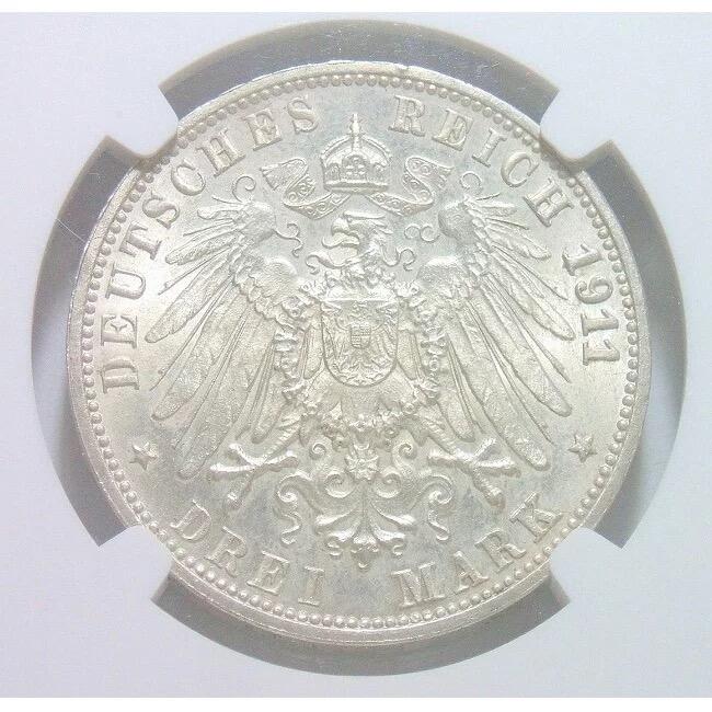【银】NGC UNC 德国符腾堡1911年 威廉二世银婚3马克银币 开卷原光