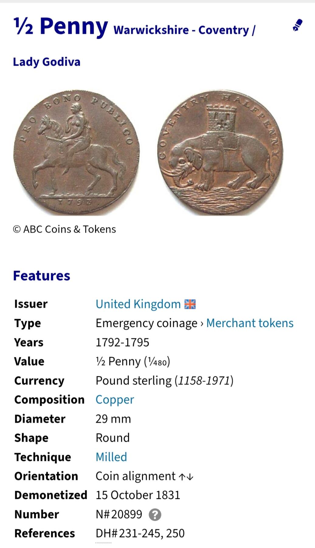 2026年第三十七场(总第二百零六场）德紧纸币特拍场(佣金3%，最低1元) 少见经典品种–英国🇬🇧沃里克郡–考文垂1793年1/2便士代币小年份版(戈黛娃夫人经典传说故事:利奥夫里克伯爵对考文垂课以重税，伯爵夫人戈黛娃屡次求情；伯爵不耐烦地提出条件：若她裸体骑马绕城，便减税。戈黛娃下令市民闭门勿视，仅以长发蔽体完成骑行；唯有裁缝Tom（Peeping Tom，偷窥狂一词来源）违规偷看，当场失明/暴毙；伯爵随后履约减免税费。)