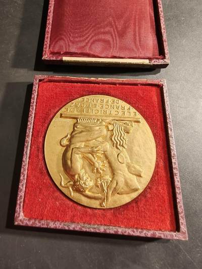 老王徽章第188期 - 法国电力公司镀金大铜章    少见大尺寸版48年服务    大师Dropsy作品     原盒有损      直径72mm    重量164.8g