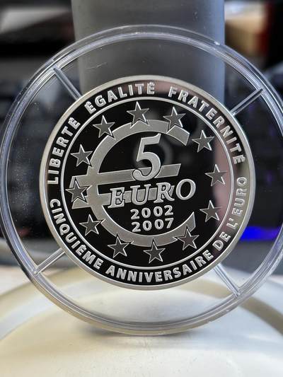 第195期拍卖 - 法国2007年欧元使用5周年女神5盎司加厚纪念银币，950银，，发行500枚