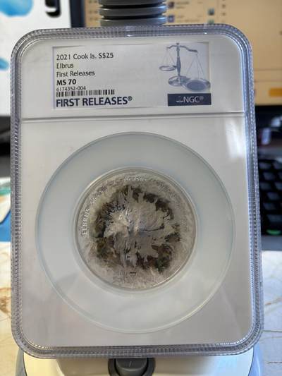 第195期拍卖 - 库克2021年七大山峰厄尔布鲁士峰5盎司银币NGC-MS70首，999银，发行777枚