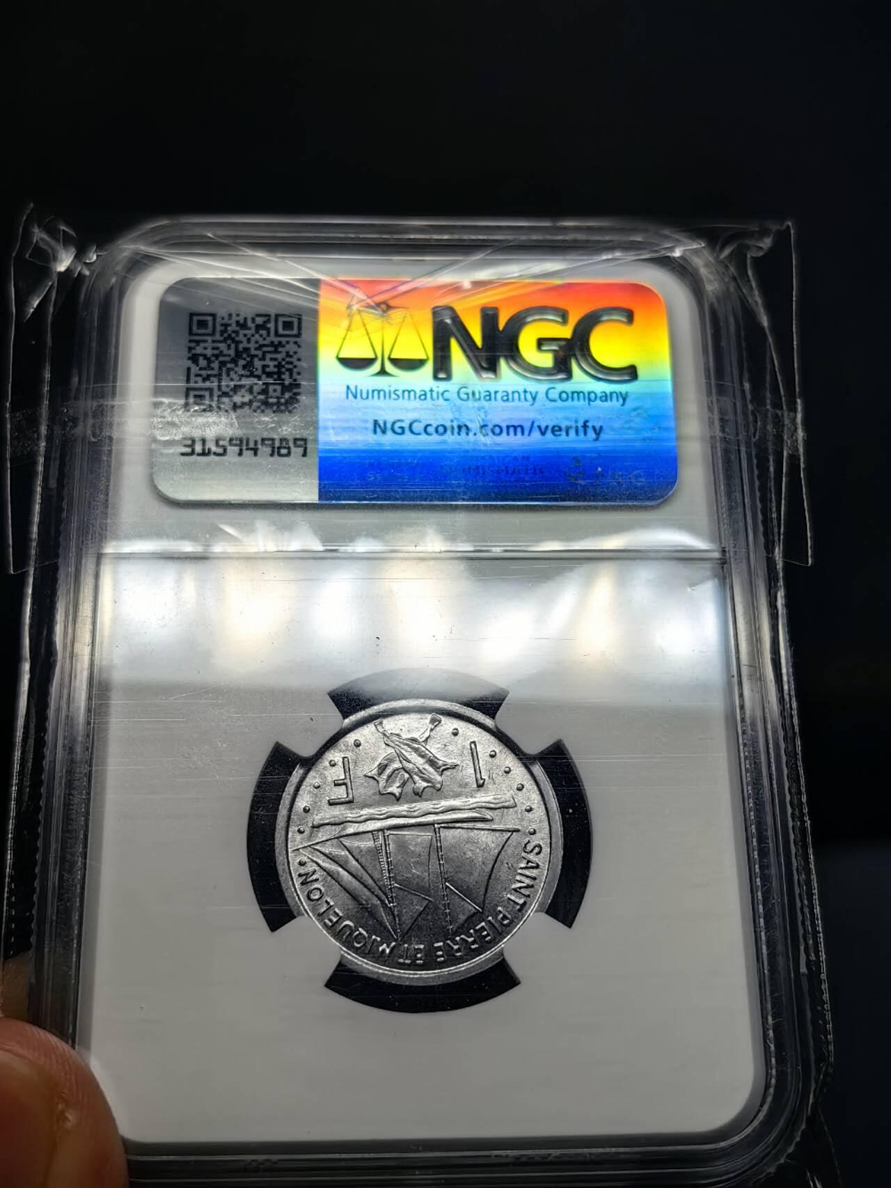 【包邮普快】NGC-MS63法属圣皮埃尔和密克隆群岛1948年1法郎铝币