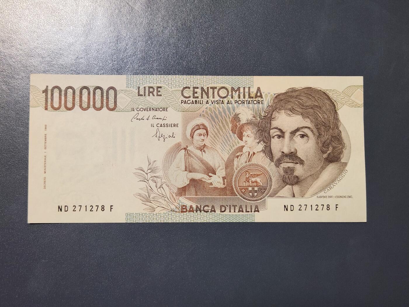 3月21号晚上8点 外国纸币自动截拍第42场 意大利1983年100000里拉10万纸币 近新极美品