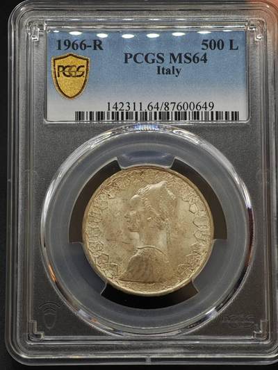 【淘币小摊】实时拍第八百八十一拍   小银币散币场    每周一统一发货 - 意大利1966年500里拉银币 PCGS MS64
