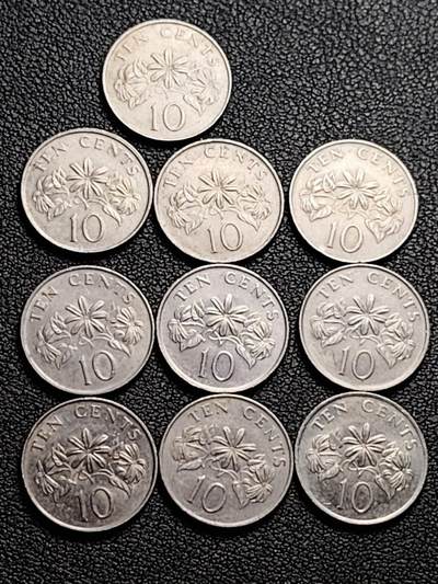 泉币菌-第214场-二月二 龙抬头 专场 拍品多 请提前出价（工作最近较忙 发货不及时，望理解） - 10枚高币值一组 新加坡10仙镍币镍币 络石花 混合年份未挑