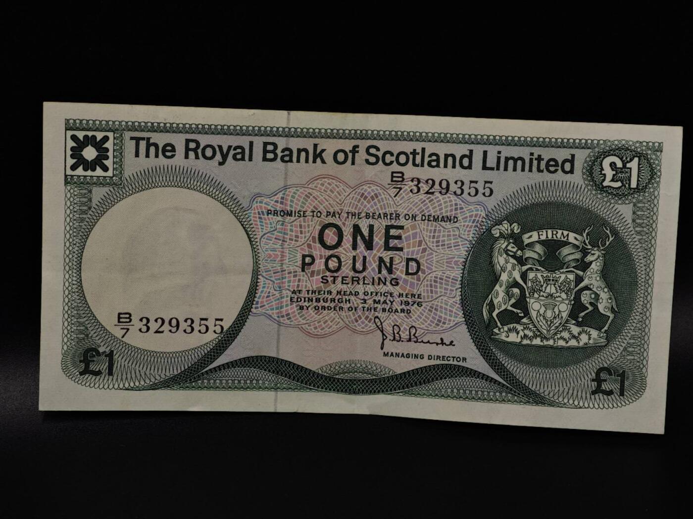  【淘币小摊】限时拍第八百八十二拍   纸币场    每周一统一发货 苏格兰皇家银行1976年1镑纸币【有折】