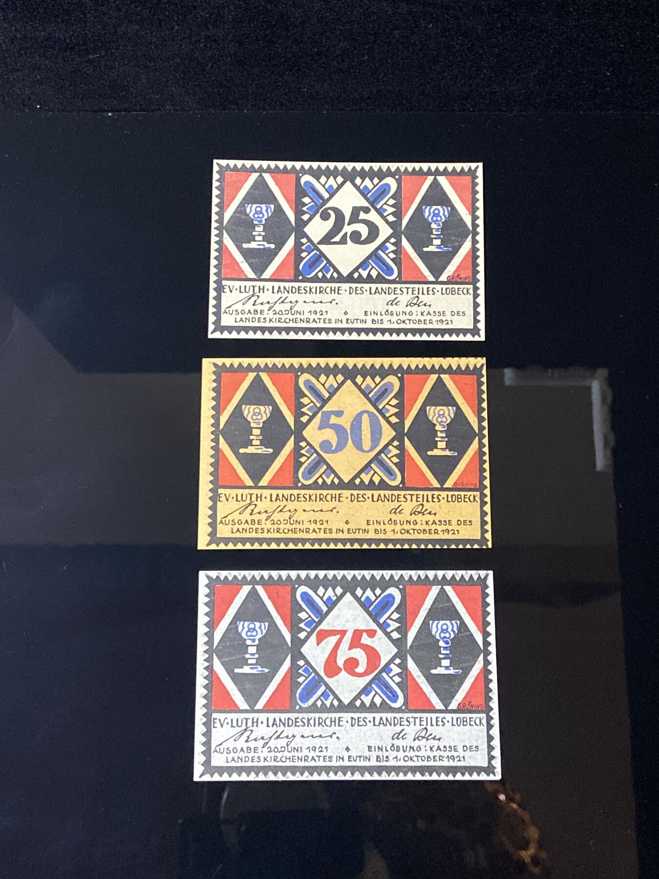 2026年第三十七场(总第二百零六场）德紧纸币特拍场(佣金3%，最低1元) 德紧纸币–德国石勒苏益格-荷尔斯泰因州吕贝克市–福音路德会国家教会25、50、75芬妮三枚套票