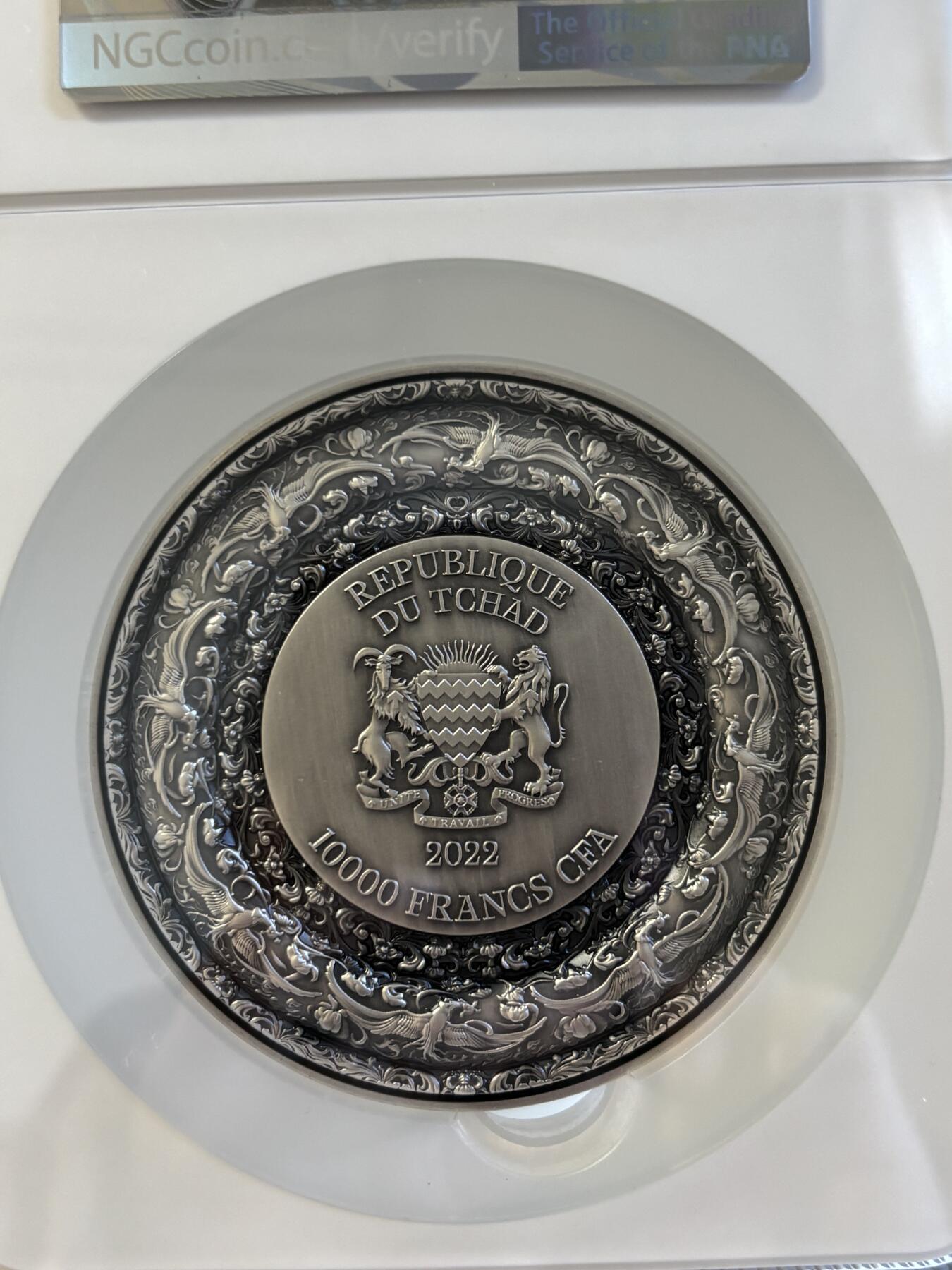 第195期拍卖 乍得2022年曼荼罗艺术系列凤凰2盎司高浮雕银铜纪念币NGC-MS70首，金属:999银+铜，重量:2盎司银+8盎司，发行：500枚