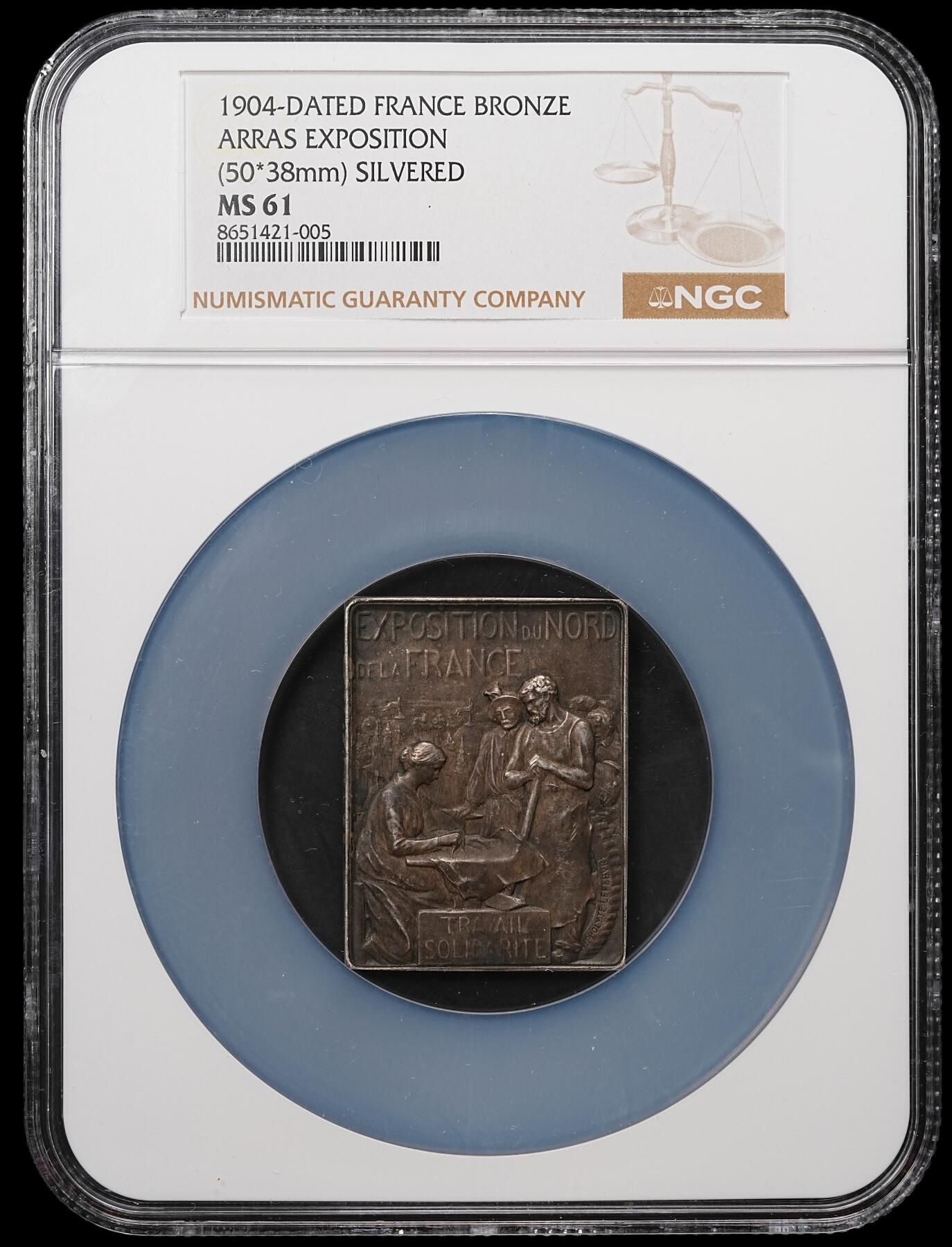 修遠堂世界钱币第108期 NGC MS61 1904 年法国阿拉斯北方博览会镀银铜章