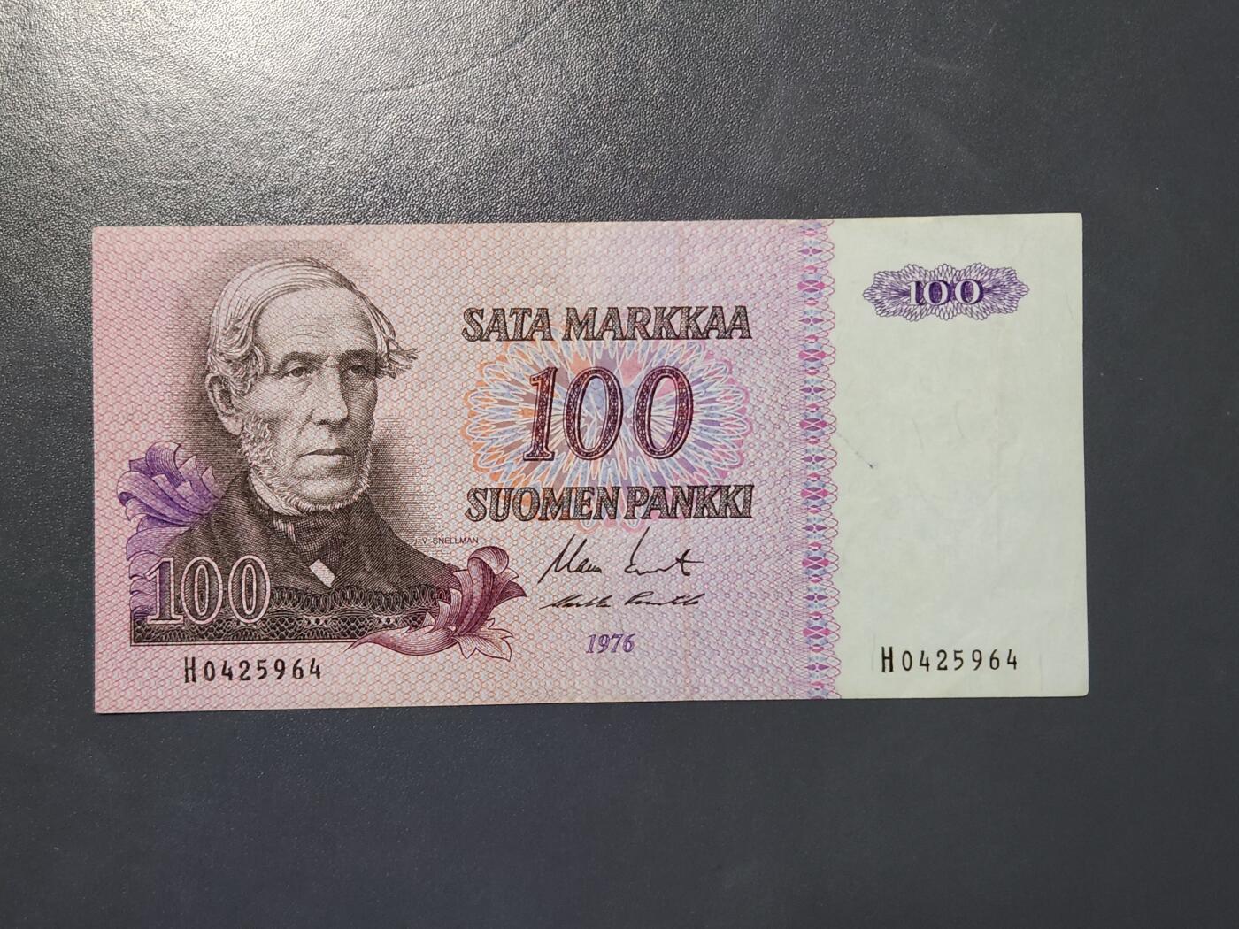 3月22号晚上8点 外国纸币自动截拍第43场 芬兰 1976年版 100芬兰马克 原票美品