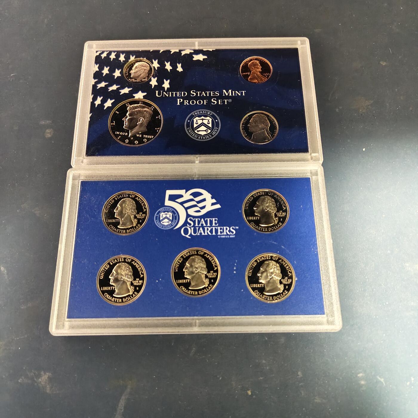 【全场包邮】纯粹捡漏拍515场 美国1999年官方封装精制套币（流通币一盒+州币一盒）-盒证全