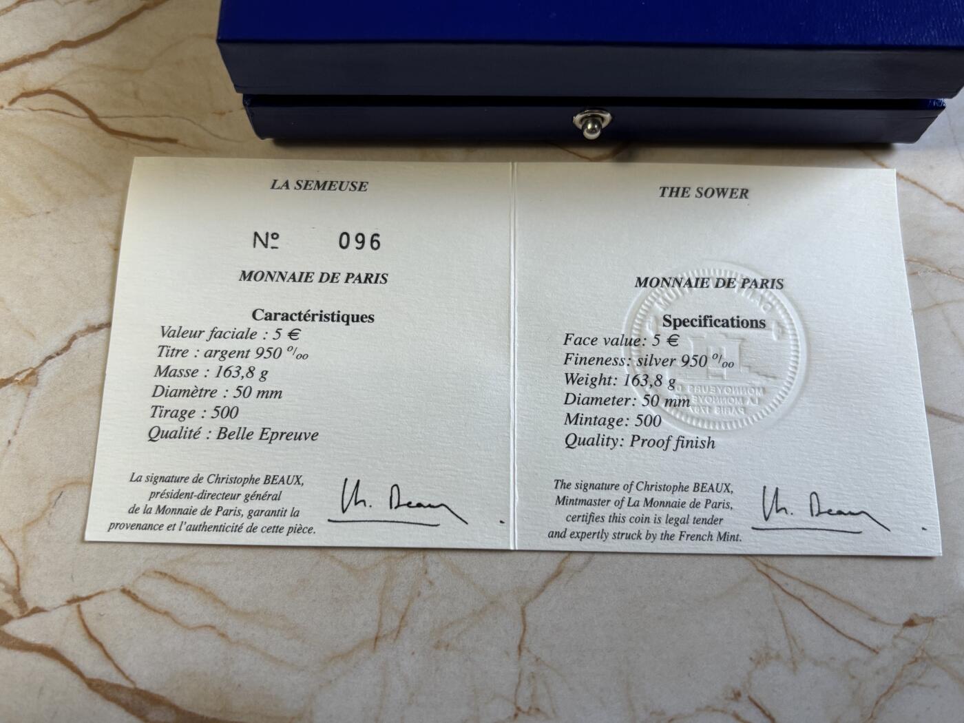 第195期拍卖 法国2007年欧元使用5周年女神5盎司加厚纪念银币，950银，，发行500枚