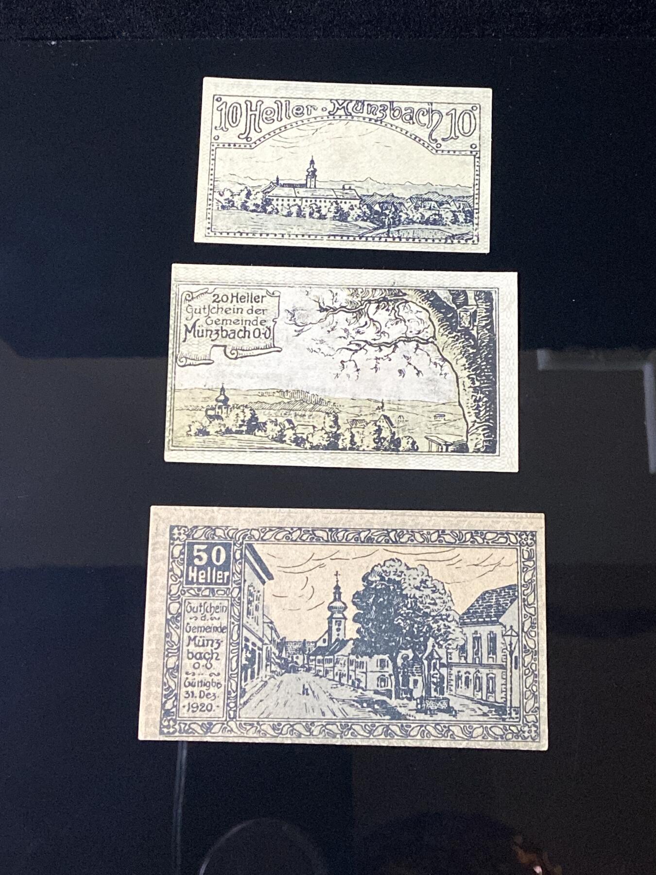 2026年第三十七场(总第二百零六场）德紧纸币特拍场(佣金3%，最低1元) 奥紧纸币–奥地利上奥地利州明茨巴赫乡（Gemeinde Münzbach, O.Ö.，O.Ö.为Oberösterreich缩写）10、20、50赫勒三枚套票