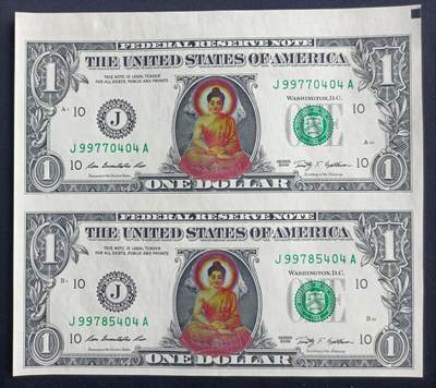 【游宝包邮场】马年第17期 精品单钞场 周日截拍 - 美国-1美元连体【美元彩色加印福字主题连体钞 纵向长度偏长 与普通1美元尺寸比对详图3图4 顶边侧未裁切 全新UNC】