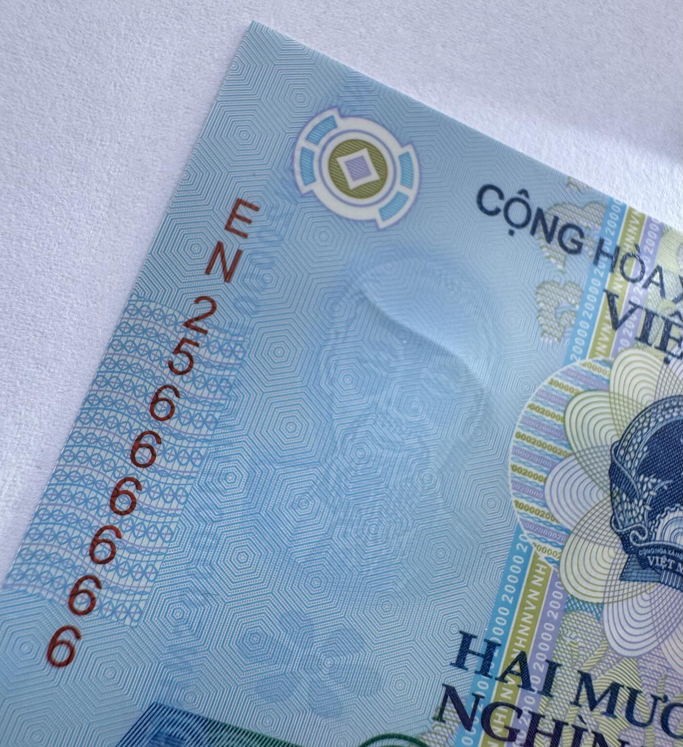 2026第5场（总第232期）：精品测试钞、外钞综合场 PolySecure基材/全同号666666 越南2025年版20000盾塑料钞UNC（EN25冠）水印处有一条浅压痕