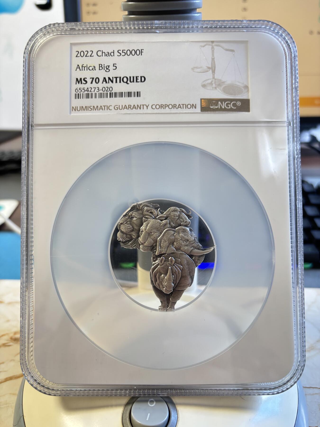 第195期拍卖 乍得2022年非洲五霸1盎司异形仿古纪念银币NGC-MS70，999银，发行5000枚