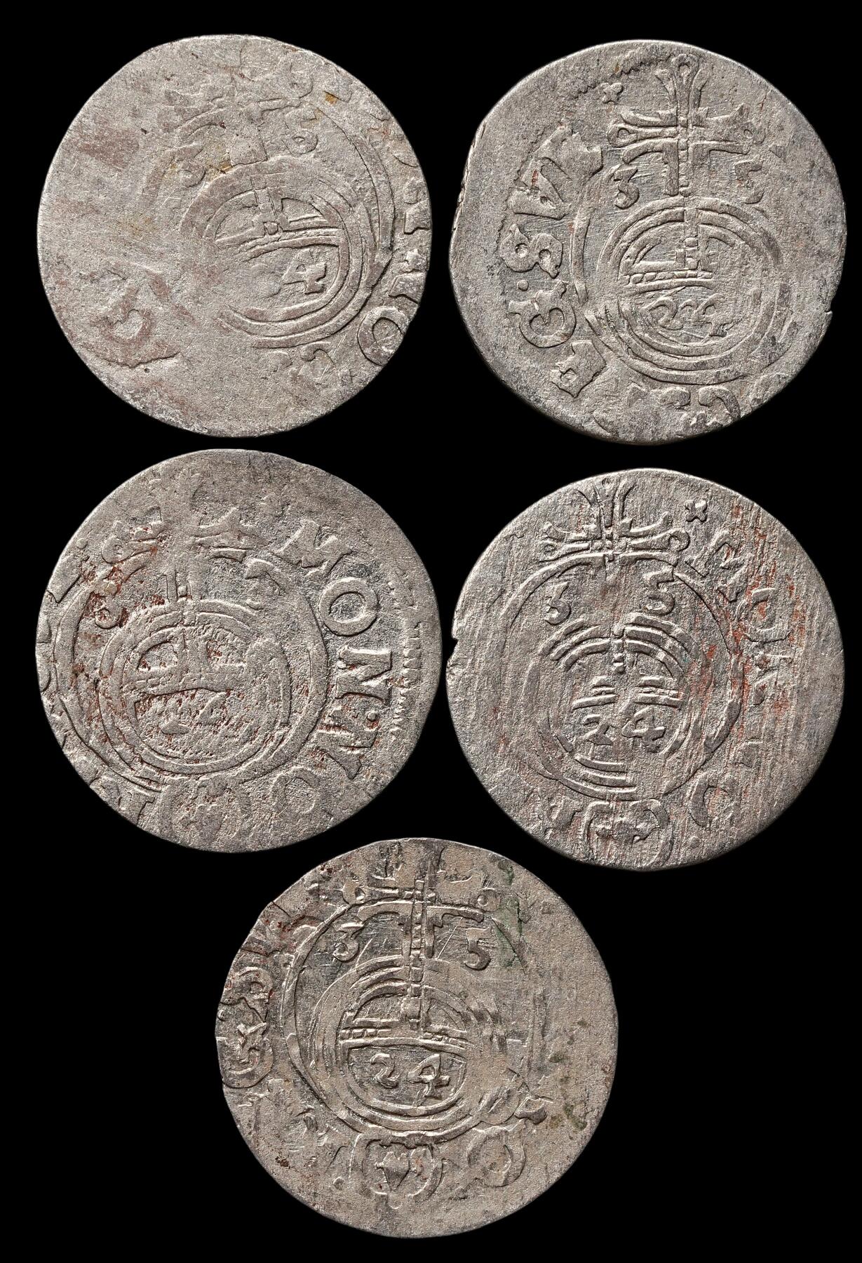 修遠堂世界钱币第108期 1635年瑞典占领埃尔宾1/24泰勒银币5枚，总重4.92g