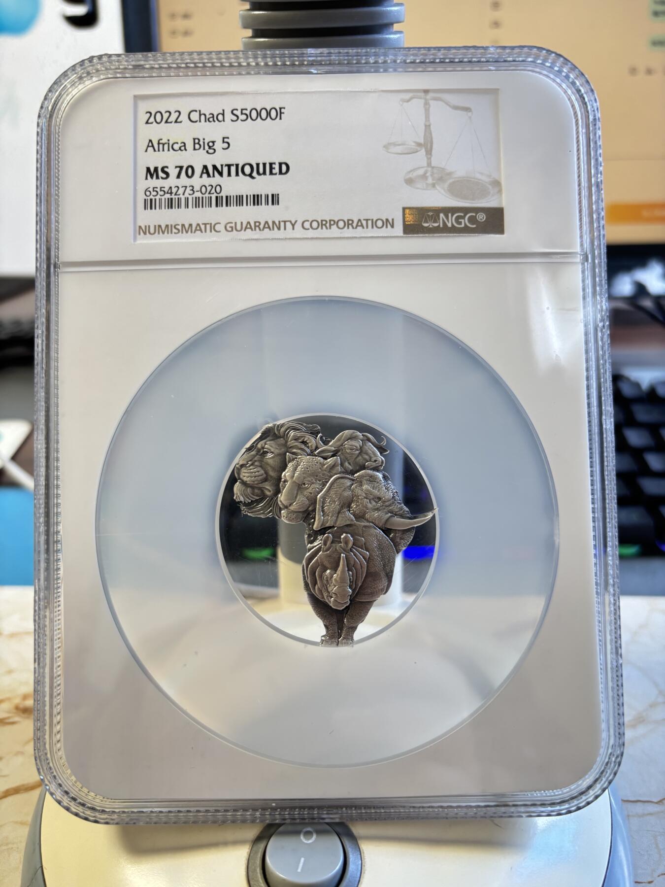 第195期拍卖 乍得2022年非洲五霸1盎司异形仿古纪念银币NGC-MS70，999银，发行5000枚