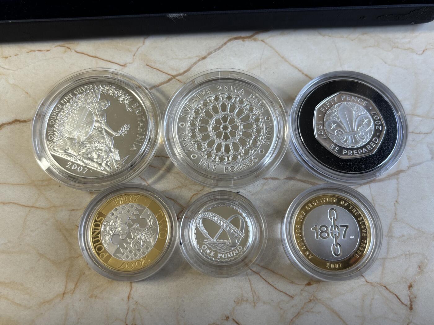 第195期拍卖 英国2007年伊丽莎白女王钻石婚姻纪念银币6枚全套，925银，8/9.5/12/12/32.45/28.28克