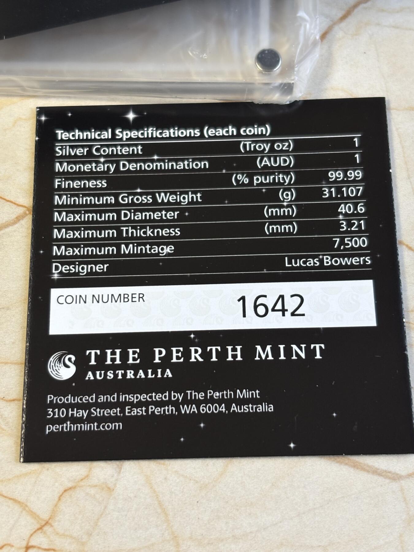 第195期拍卖 澳大利亚2019年登月50周1盎司精制纪念银币，9999银，发行7500枚