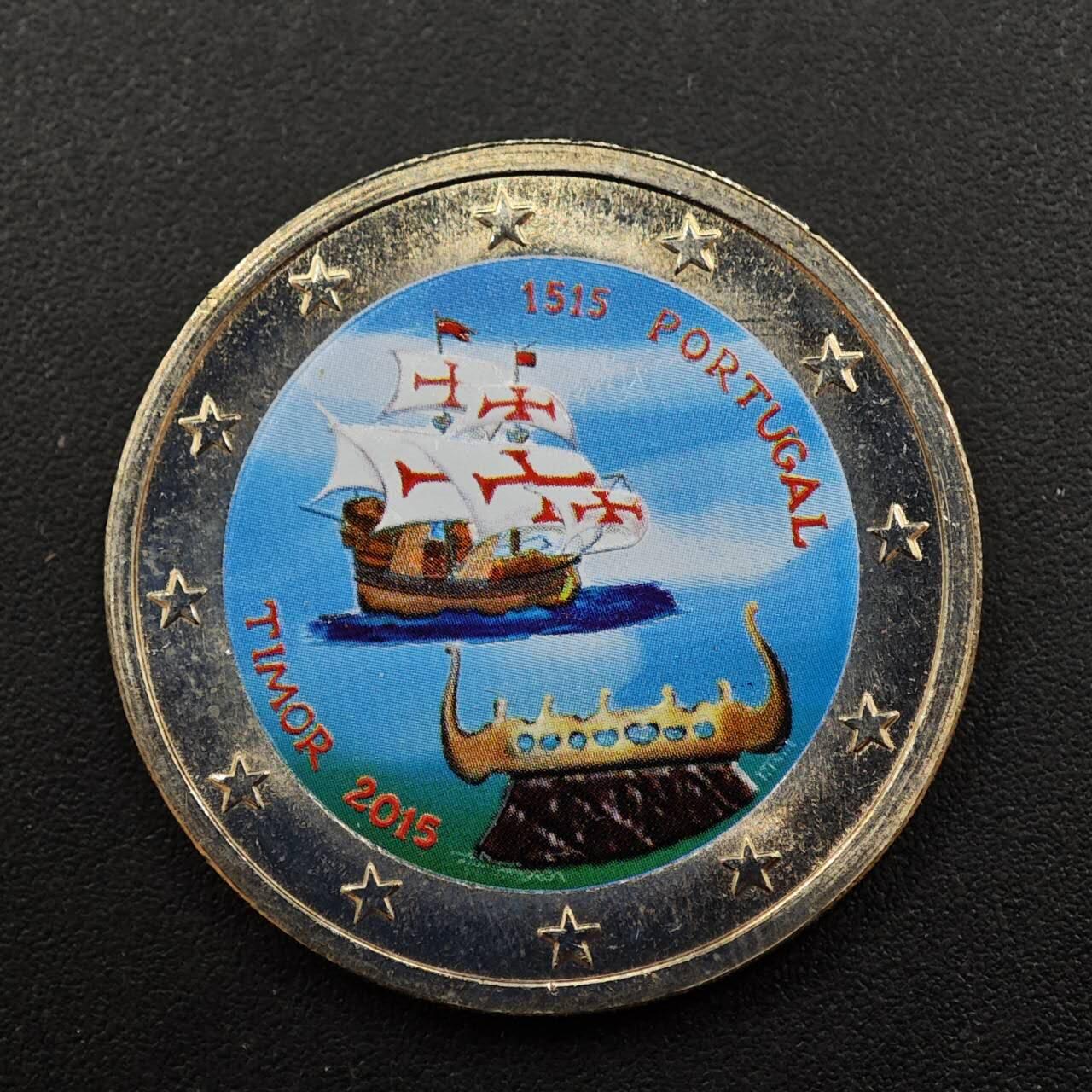 【淘币小摊】实时拍第八百八十一拍   小银币散币场    每周一统一发货 葡萄牙2015年登陆东帝汶500周年2欧元纪念币彩绘