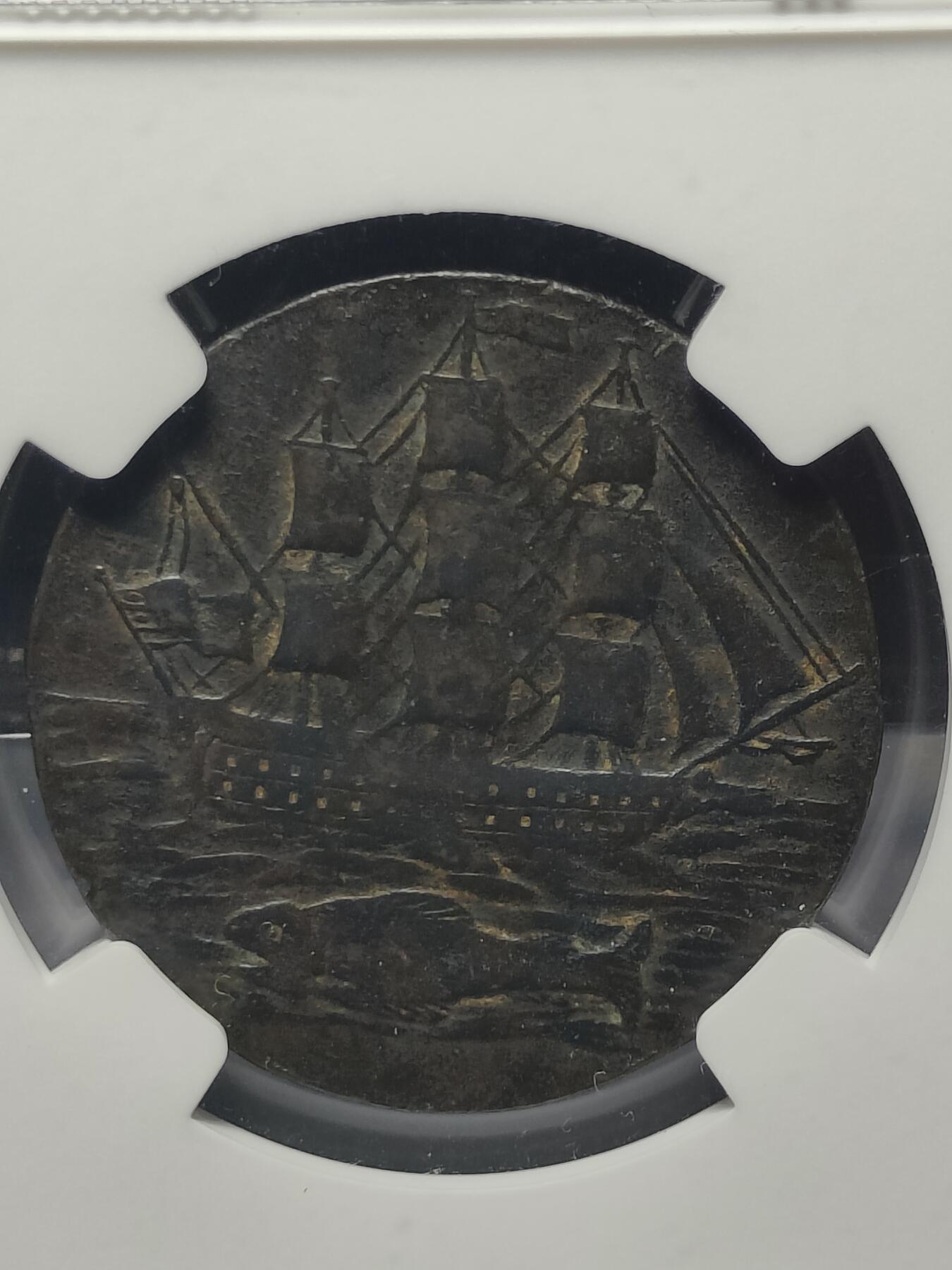 2026年第三十七场(总第二百零六场）德紧纸币特拍场(佣金3%，最低1元)  NGC–VF DETAILS 1796年英国汉普郡朴茨茅斯地区发行半便士代币（圣乔治屠龙，三桅帆船图案-，发行方：由朴茨茅斯港的酒馆老板Samuel Salmon（S.Salmons）联合其他商户发行，币边铭文标注兑付地点，承诺可兑换等值官方货币。）