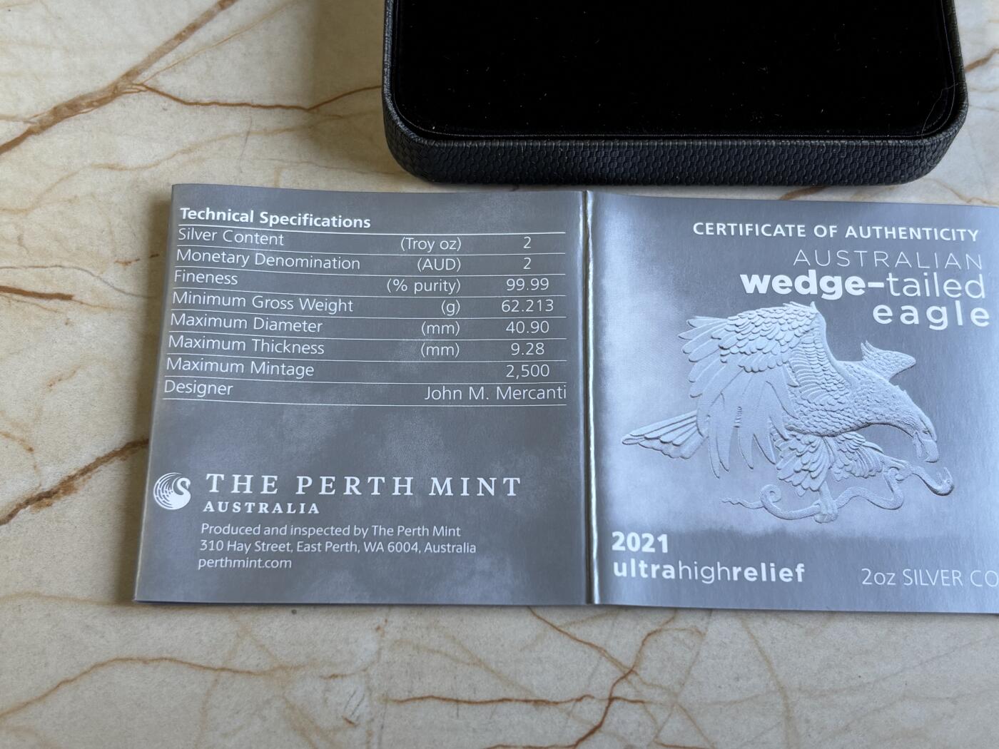第195期拍卖 澳大利亚2021年楔尾鹰2盎司加厚超高浮雕精制银币，9999银，发行2500枚