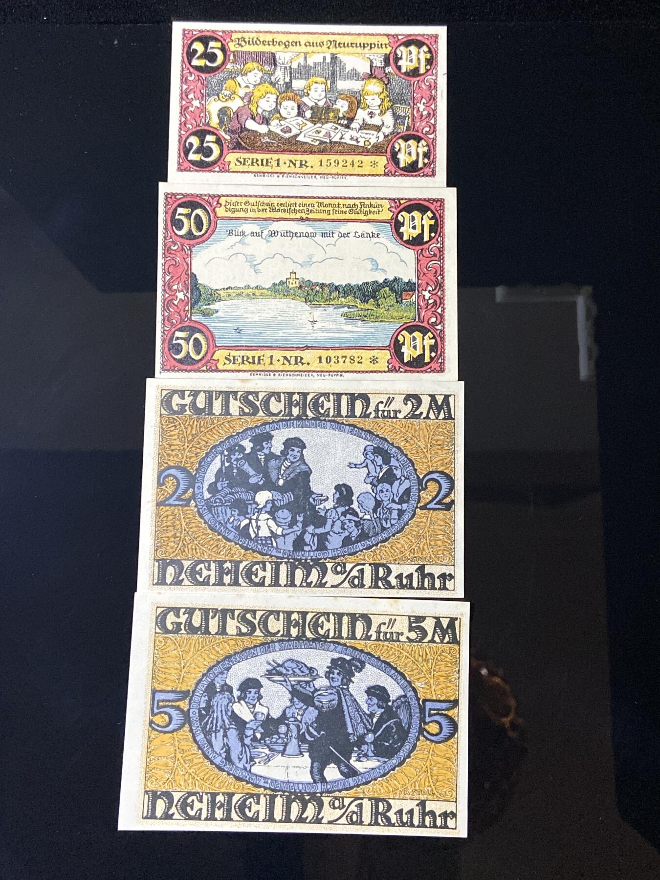 2026年第三十七场(总第二百零六场）德紧纸币特拍场(佣金3%，最低1元) 德紧纸币–德国鲁平Neueuppin（今德国新鲁平，勃兰登堡州）25、50芬妮两枚套加德国Neheim an der Ruhr（鲁尔河畔内海姆，北莱茵-威斯特法伦州）2、5马克两枚套
