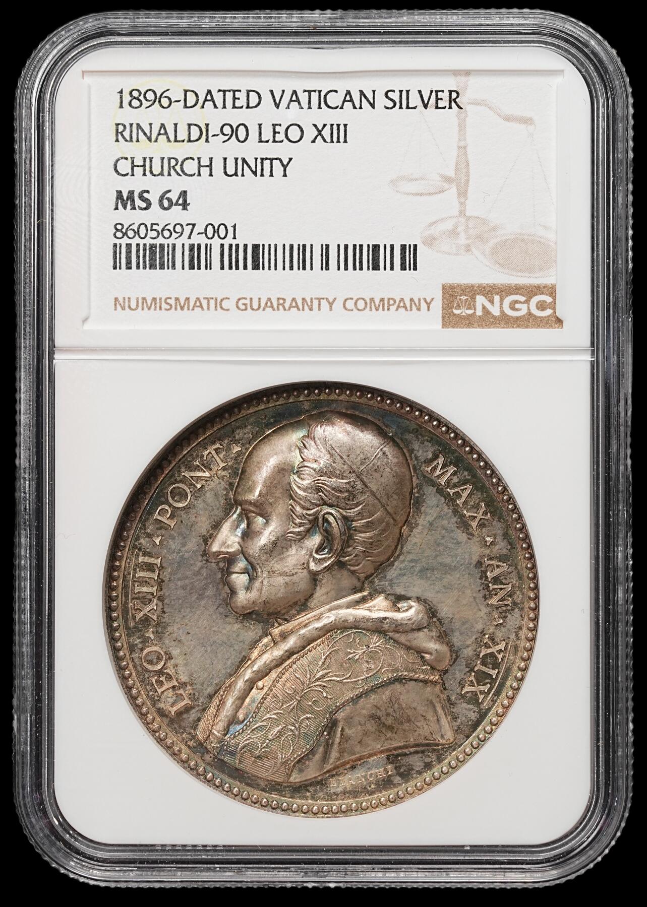 修遠堂世界钱币第108期 NGC MS64 1896年梵蒂冈利奥十三世 “教会合一” 大银章