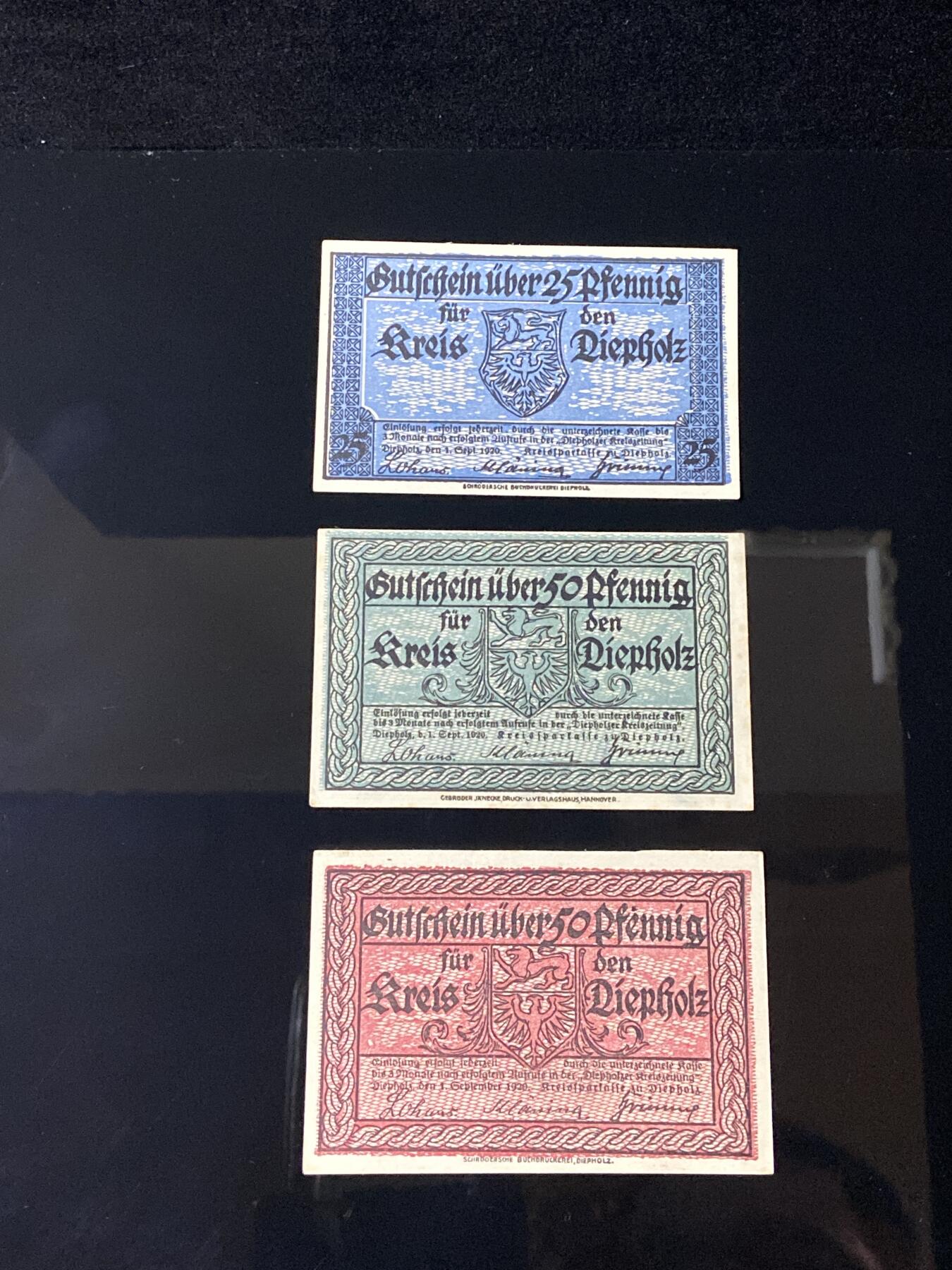 2026年第三十七场(总第二百零六场）德紧纸币特拍场(佣金3%，最低1元) 德紧纸币–德国下萨克森州迪普霍尔茨县（Kreis Diepholz）25、50(绿版)、50(红版)芬妮三枚套票