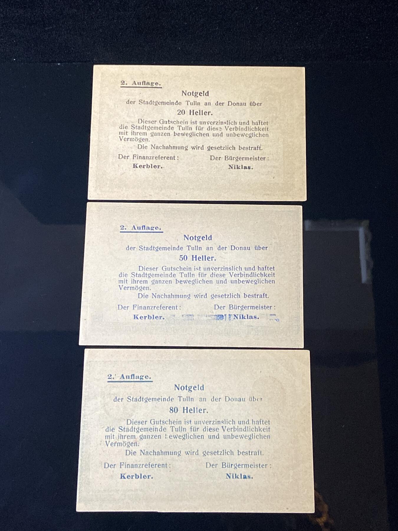 2026年第三十七场(总第二百零六场）德紧纸币特拍场(佣金3%，最低1元) 奥紧纸币–奥地利下奥地利州图尔恩市（Stadt Tulln a.d. Donau，缩写  Tulln * D N.-Ö. ，即多瑙河畔图尔恩）20、50、80赫勒三枚套票