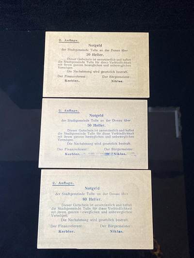 2026年第三十七场(总第二百零六场）德紧纸币特拍场(佣金3%，最低1元) - 奥紧纸币–奥地利下奥地利州图尔恩市（Stadt Tulln a.d. Donau，缩写  Tulln * D N.-Ö. ，即多瑙河畔图尔恩）20、50、80赫勒三枚套票