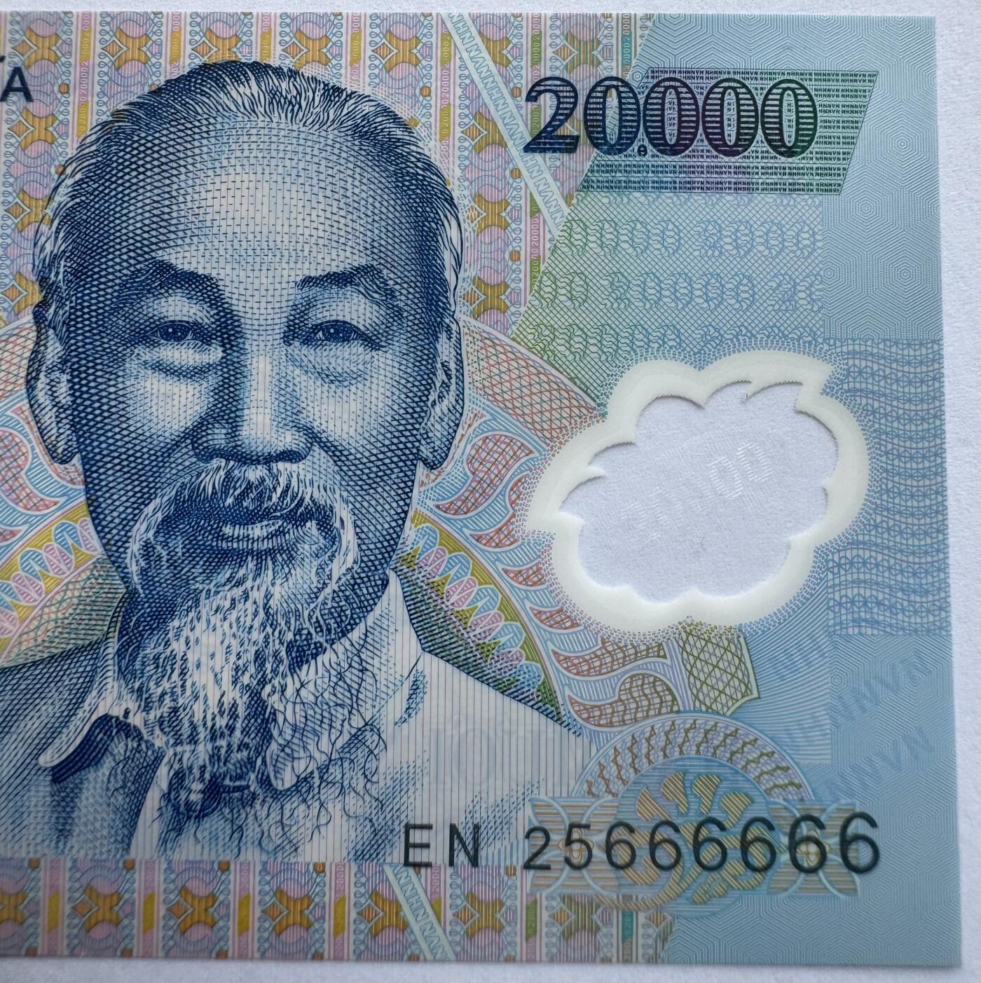 2026第5场（总第232期）：精品测试钞、外钞综合场 PolySecure基材/全同号666666 越南2025年版20000盾塑料钞UNC（EN25冠）水印处有一条浅压痕