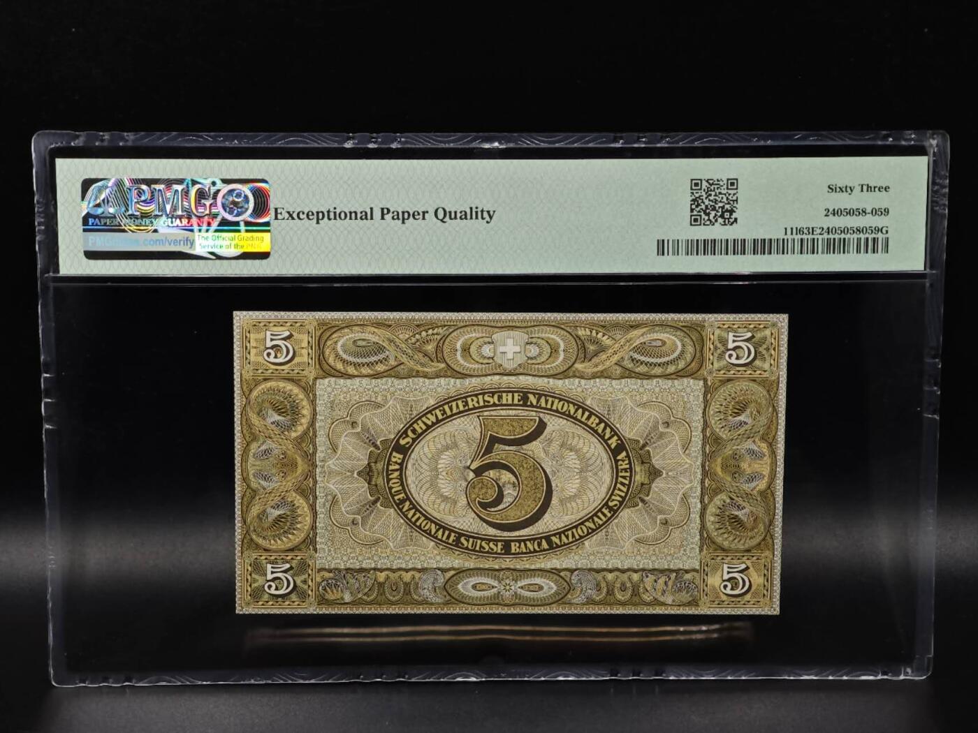  【淘币小摊】限时拍第八百八十二拍   纸币场    每周一统一发货 瑞士1946年5法郎纸币 PMG63