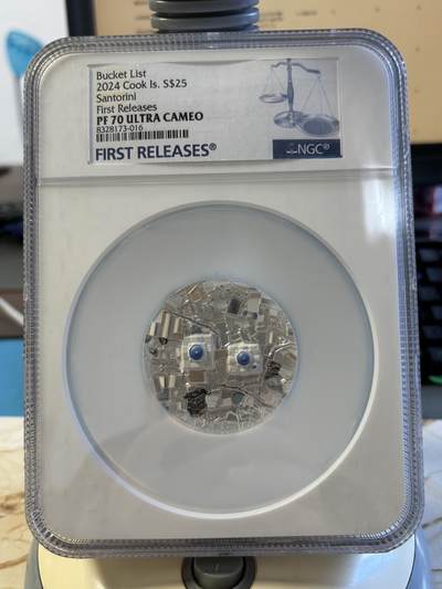第195期拍卖 - 库克2024年圣托里尼岛高浮雕5盎司纪念银币NGC-PF70首，999银，发行555枚