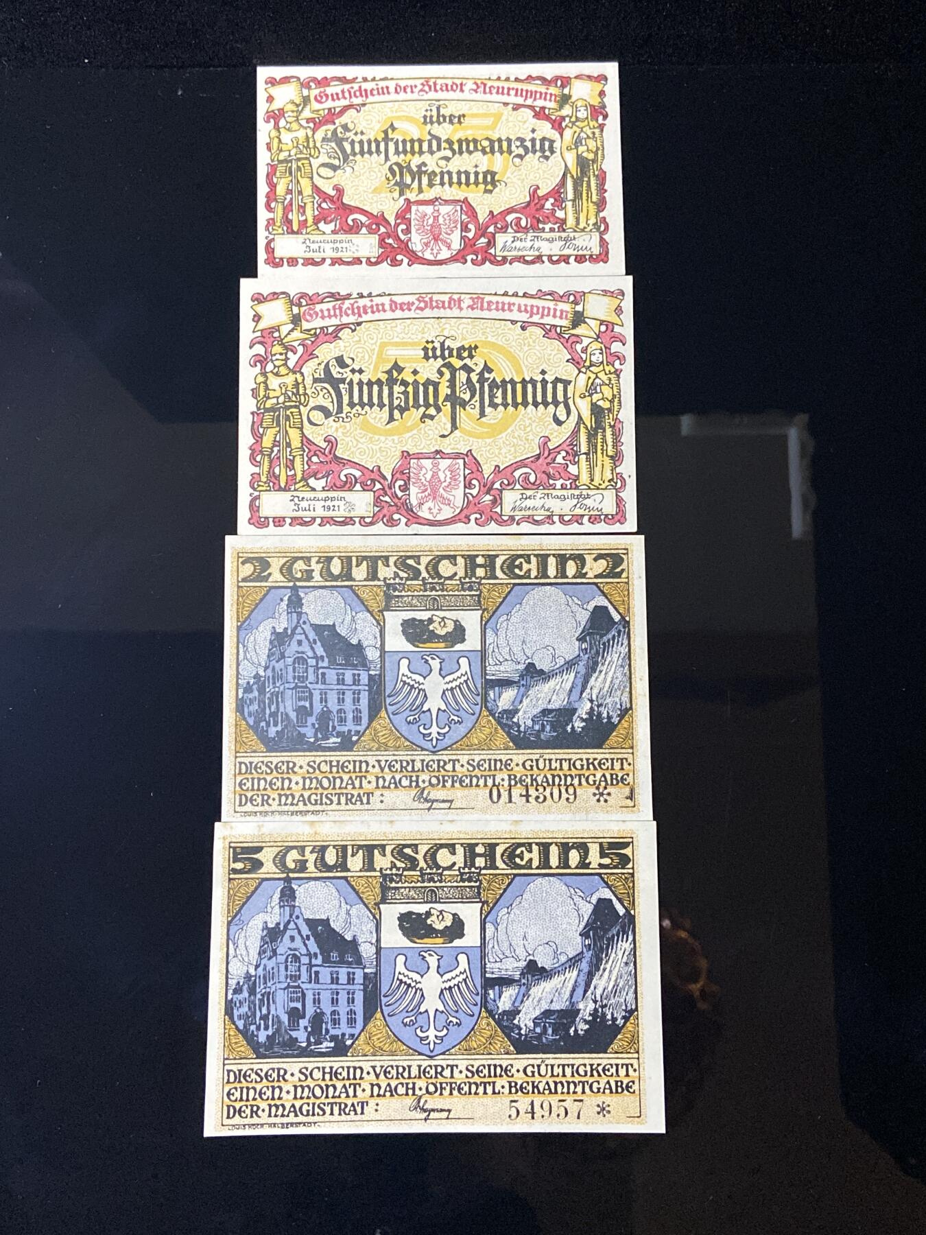 2026年第三十七场(总第二百零六场）德紧纸币特拍场(佣金3%，最低1元) 德紧纸币–德国鲁平Neueuppin（今德国新鲁平，勃兰登堡州）25、50芬妮两枚套加德国Neheim an der Ruhr（鲁尔河畔内海姆，北莱茵-威斯特法伦州）2、5马克两枚套